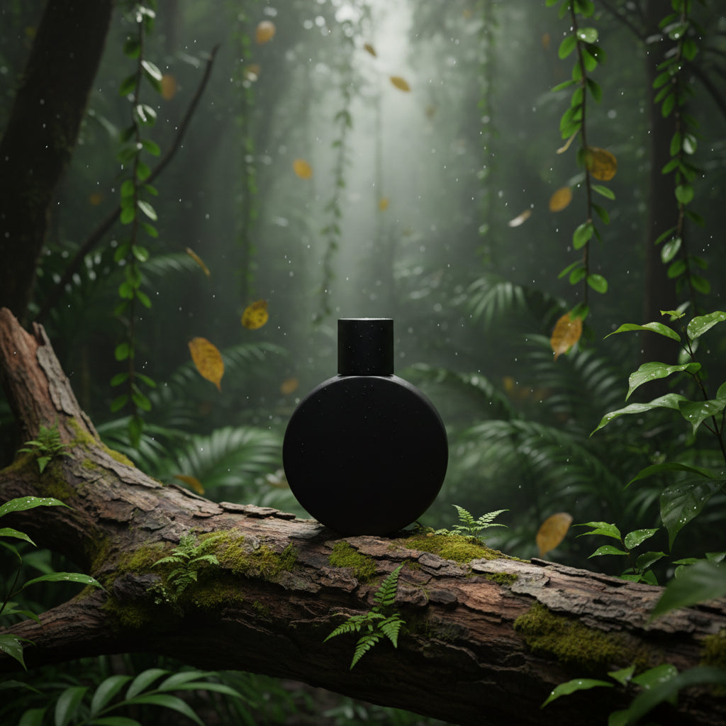 Black bottle on a branch in a misty forest