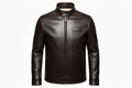 Black Leather jacket for men with clean layout and showing stiches, no zip pockets, with woolen inside. with MORA-MOCHI writen on left side chest small label