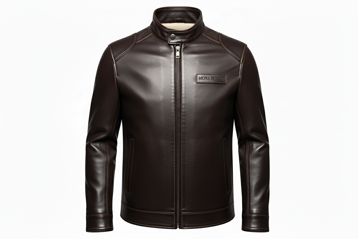 Black Leather jacket for men with clean layout and showing stiches, no zip pockets, with woolen inside. with MORA-MOCHI writen on left side chest small label