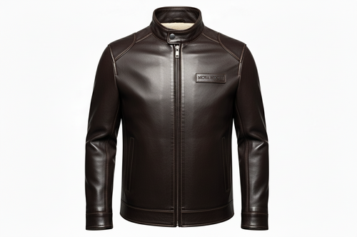 Black Leather jacket for men with clean layout and showing stiches, no zip pockets, with woolen inside. with MORA-MOCHI writen on left side chest small label